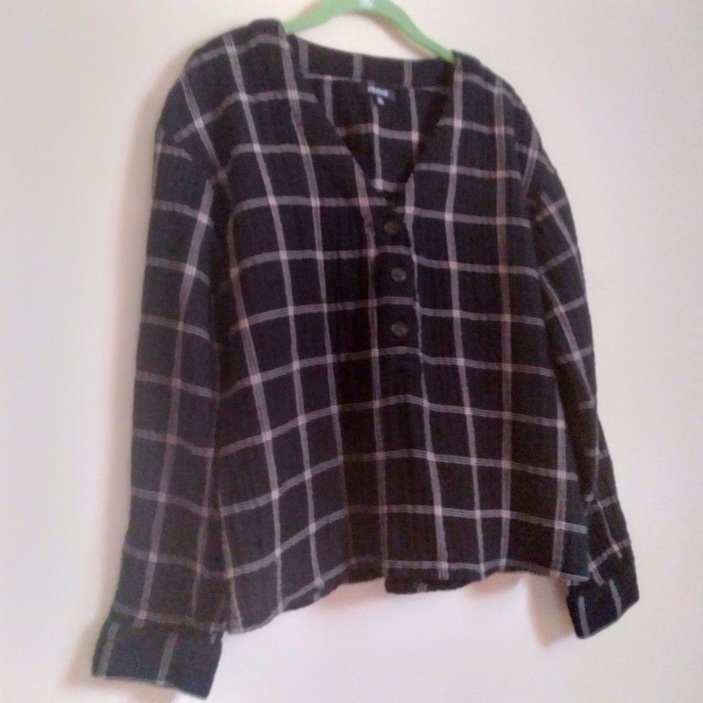 Madewell Cropped Cotton Lagenlook Top XL Boxy‎ Black White Window Pane Plaid - Picture 8 of 8